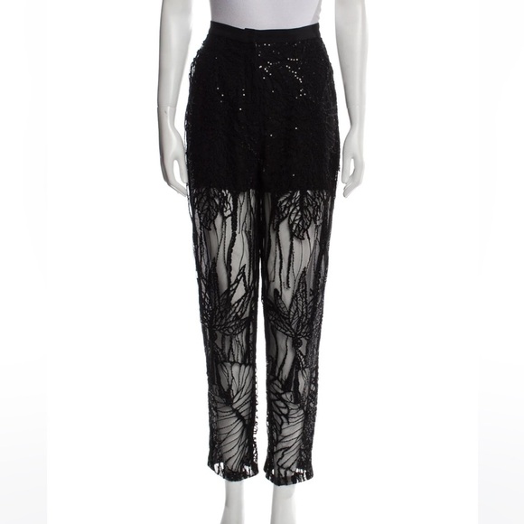 Elie Saab Black Sequin Embroidered Tulle Straight Fit Trousers Sz MUS8 FR40